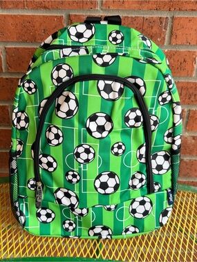 NWT Green Soccer Print Backpack - Comfort Straps WITH MESH SIDE POCKETS